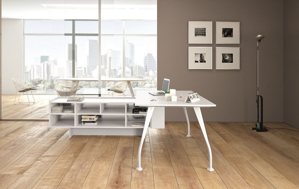 Desk with White Wooden top, White Legs, Open Service Element